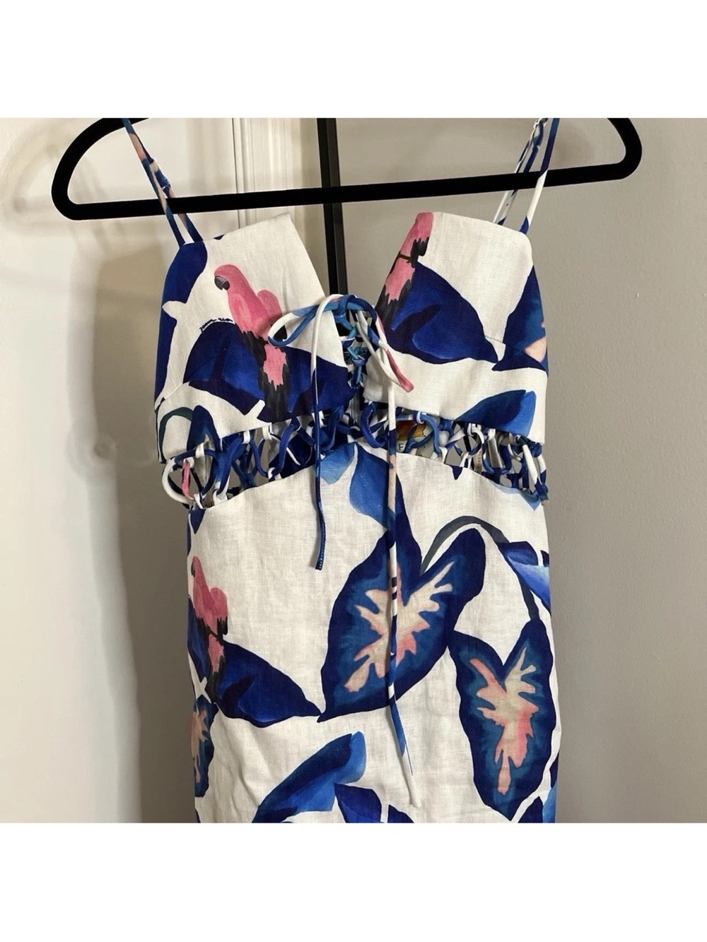 Women's Farm Rio Dress S Linen Anthropologie New Blue White Midi Floral Tropical - Picture 3 of 7